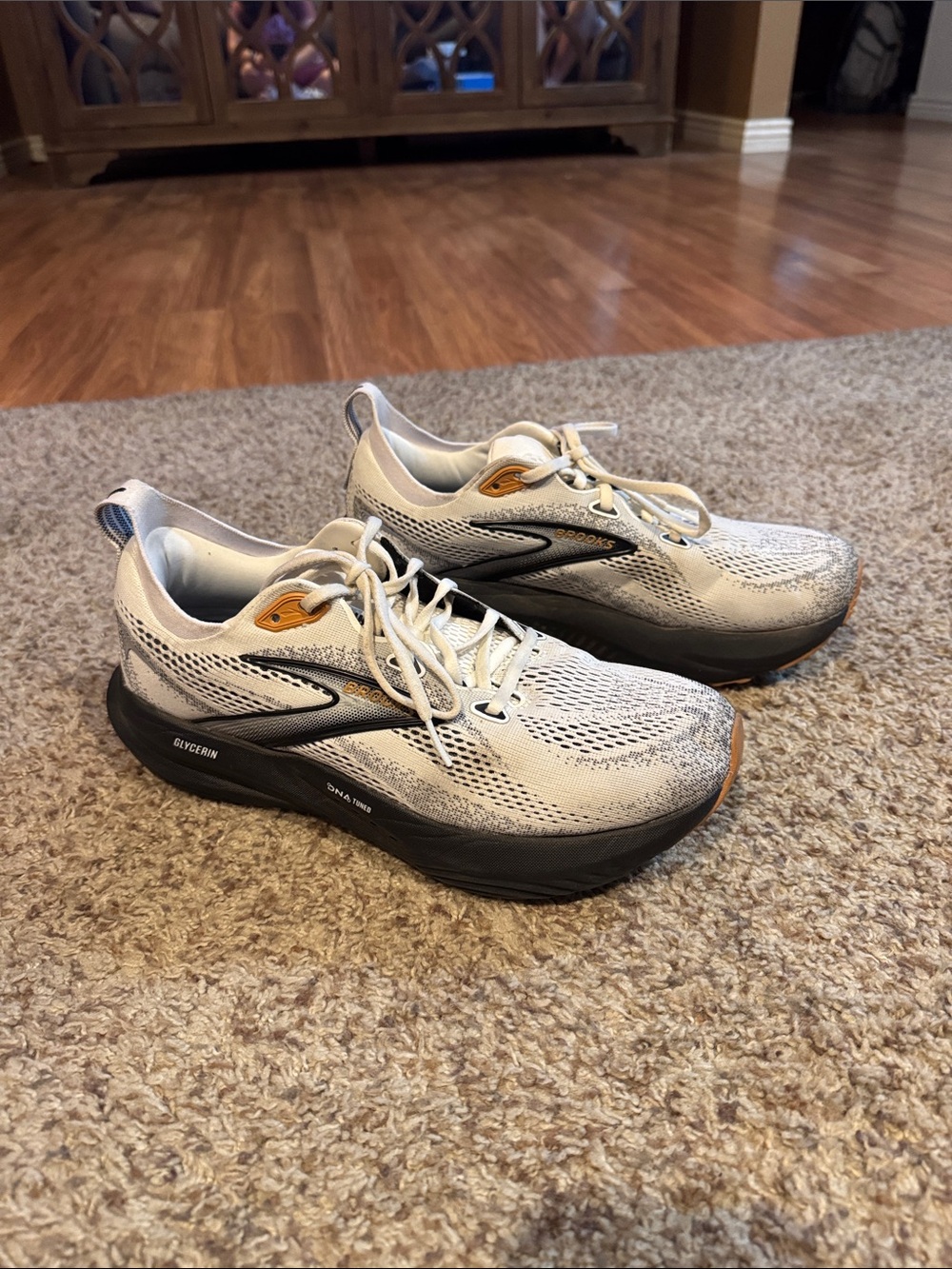 Brooks Men's White and Black Running Shoes with Tan Accents